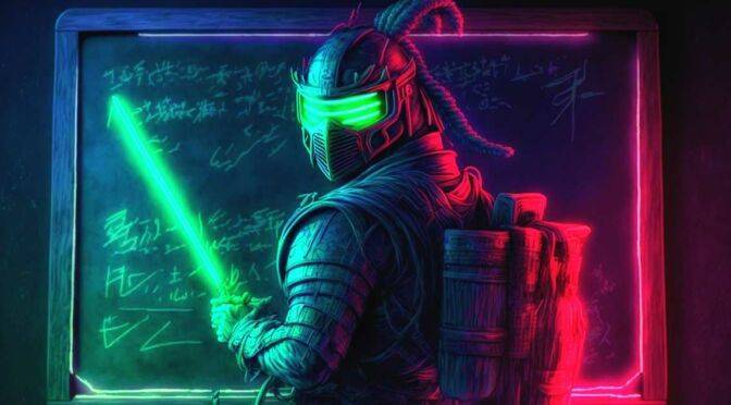 A futuristic warrior improving practice techniques by writing on a chalkboard with a neon green light sword.