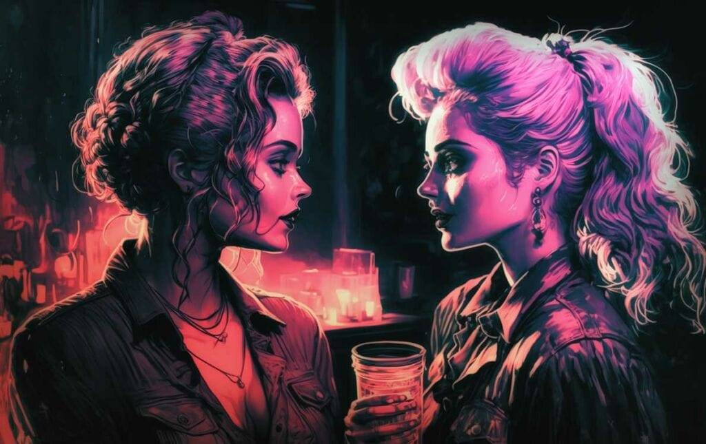 Two women facing each other in a neon-lit environment with intense expressions, deciding when to talk.