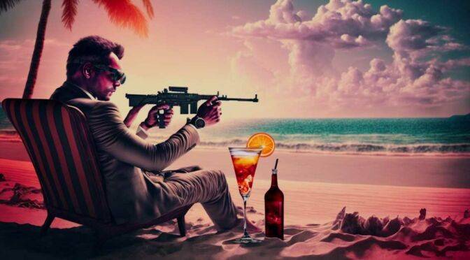 A man in a suit sitting on a beach chair, aiming a gun with a silencer, with a tropical drink on a small table beside him, demonstrates the "Easy Way" to kill burnout