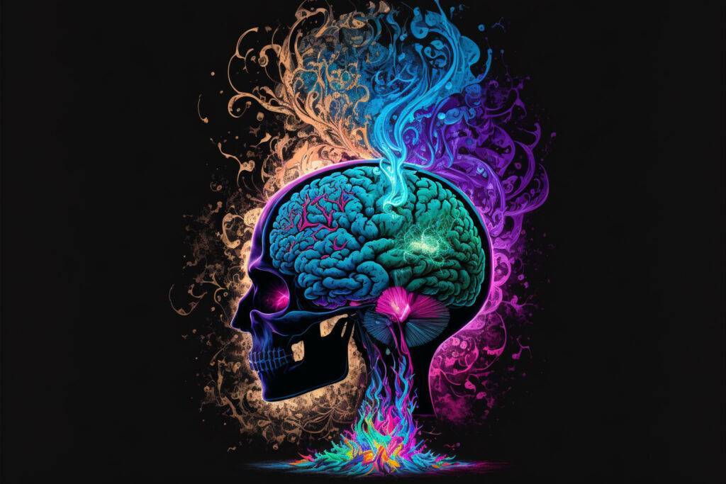 A colorful artistic representation of a human brain inside a skull with vibrant smoke-like elements emanating from it, symbolizing the mastery over states of consciousness and the ability to overcome any challenge.