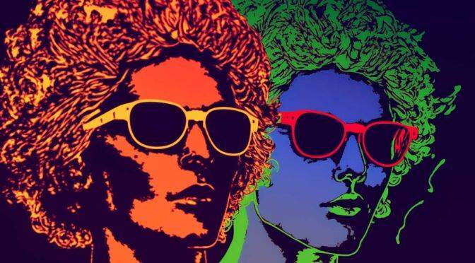 Vibrant pop-art style image of two people with curly hair and sunglasses, in contrasting neon colors against a dark background, depicting states of consciousness.