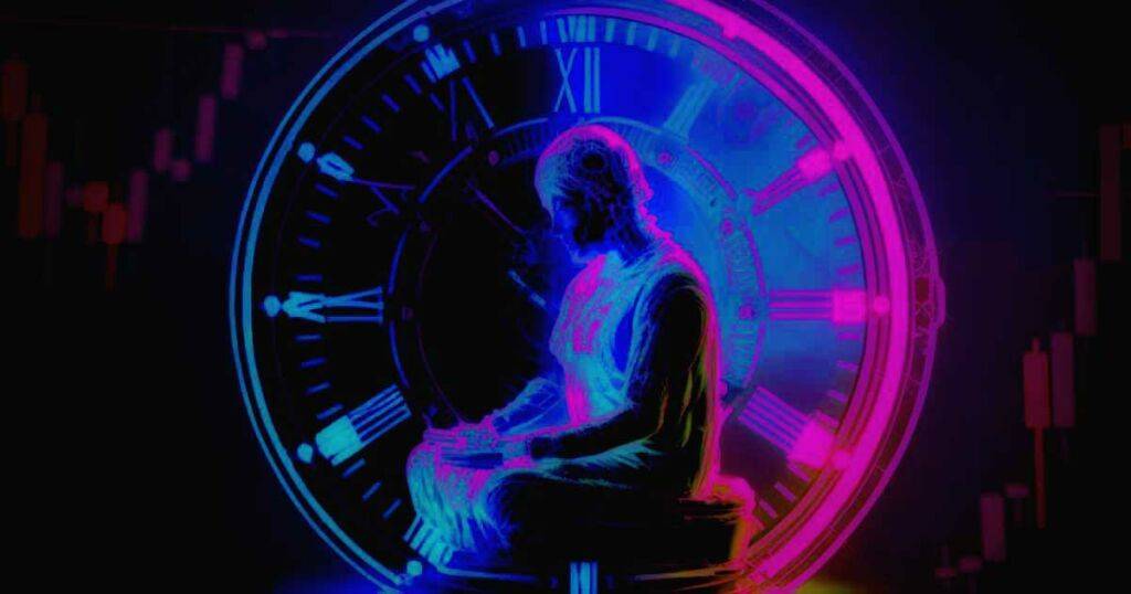 An image of a meditating buddha in front of a clock, symbolling the concept of shortening time for bigger results.