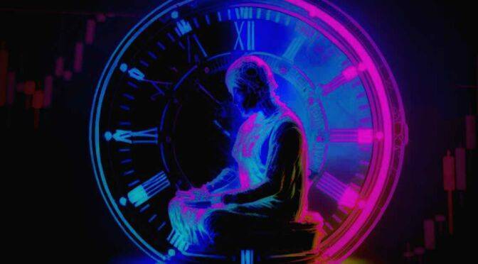 An image of a meditating buddha in front of a clock, symbolling the concept of shortening time for bigger results.