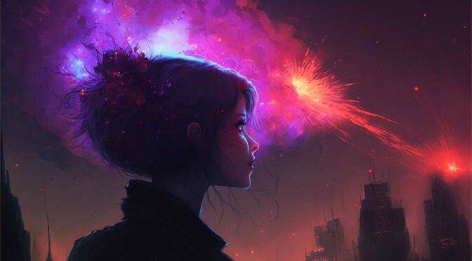 An unforgettable image of a girl captivated by a firework in the sky, offering insights into brain science.