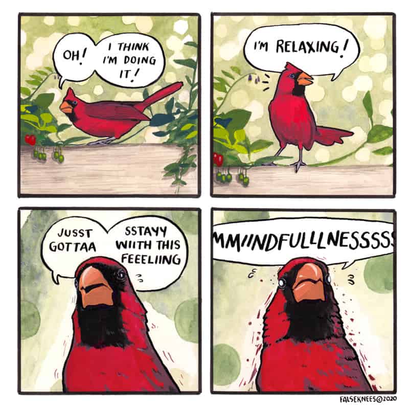 A comic strip about a cardinal bird highlighting its mental focus and neural activity.